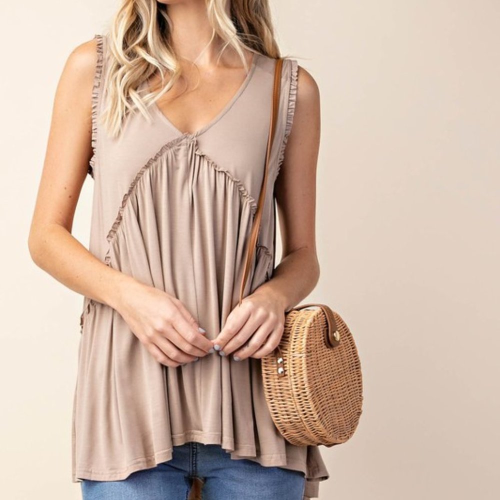 RUFFLE RAW-EDGED Tan DETAIL TOP  by Kori Large
